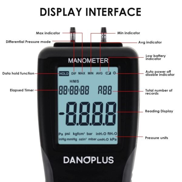 Manómetro Digital – Probador de Presión de Gas HVAC con 12 unidades, Pantalla LCD Retroiluminada y Registro de Datos - Image 4