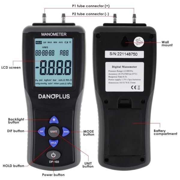 Manómetro Digital – Probador de Presión de Gas HVAC con 12 unidades, Pantalla LCD Retroiluminada y Registro de Datos - Image 5