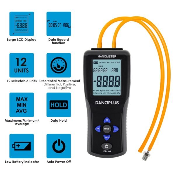 Manómetro Digital – Probador de Presión de Gas HVAC con 12 unidades, Pantalla LCD Retroiluminada y Registro de Datos - Image 7